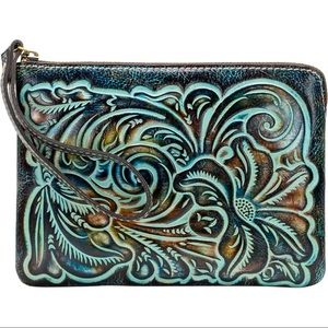 NWT Gift Box Cassini TOURQUIOSE Tooled Leather Large Wristlet Clutch